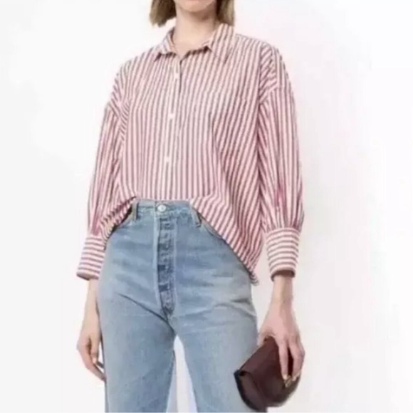 Nili Lotan Lonnie Top $325 Size Medium Pink White Stripe Button Up Shirt Cotton - Picture 1 of 7